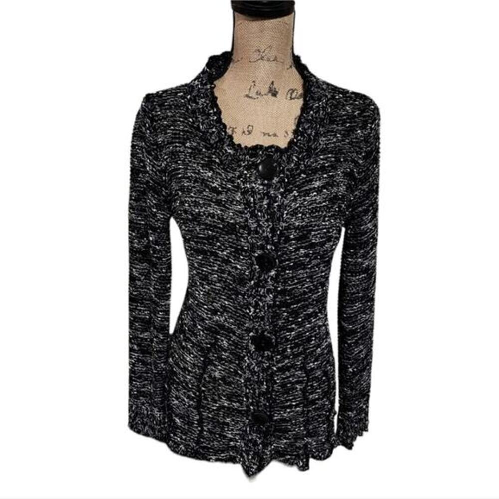 BCBGMAXAZRIA Womens XL Black White Marled Ruffle Collar Button Front Cardigan